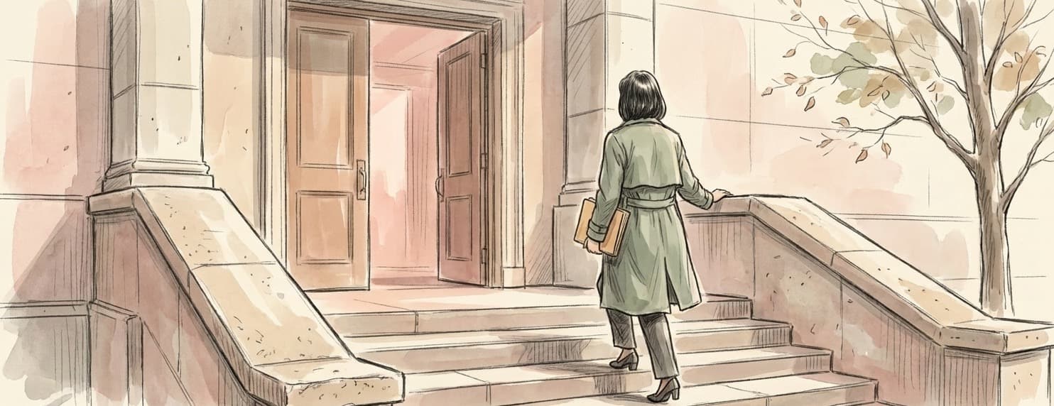 A woman in a sage trench coat carrying a folder walks up the stone steps of a small civic courthouse, one hand on the rail, toward a heavy door slightly open with warm light spilling out.