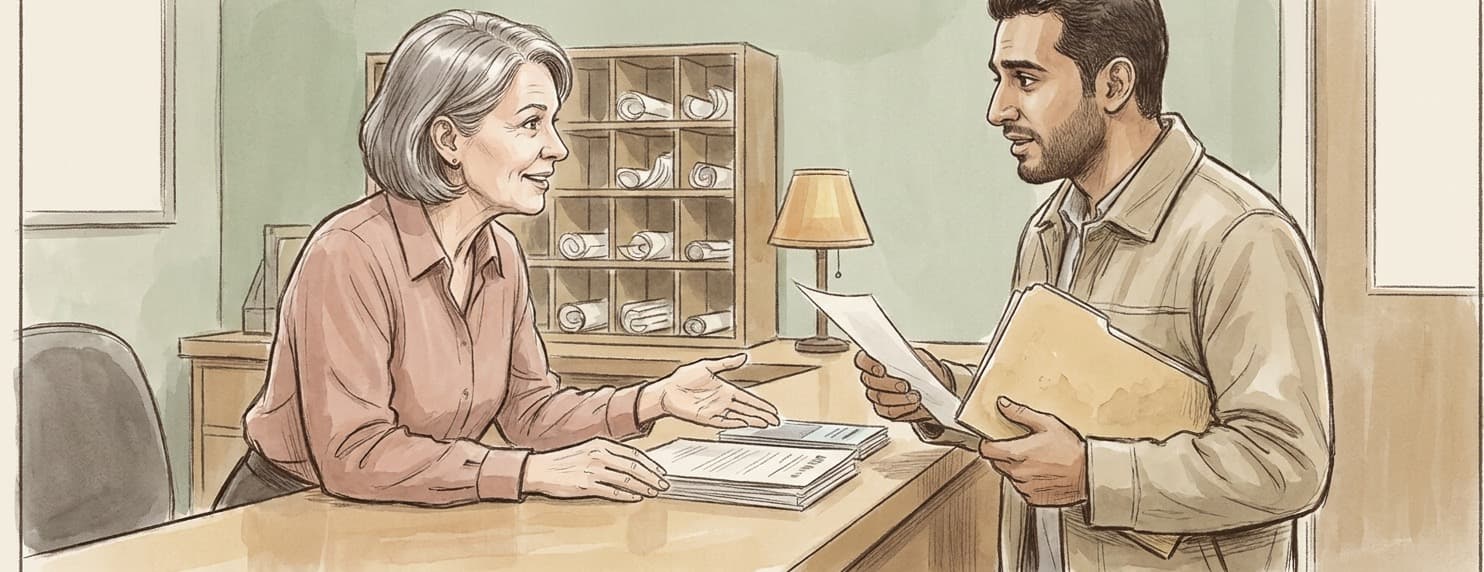 A help-desk worker in a dusty-pink blouse leans across a wooden counter, pointing toward a stack of pamphlets, while a man holding a manila folder listens with relief.
