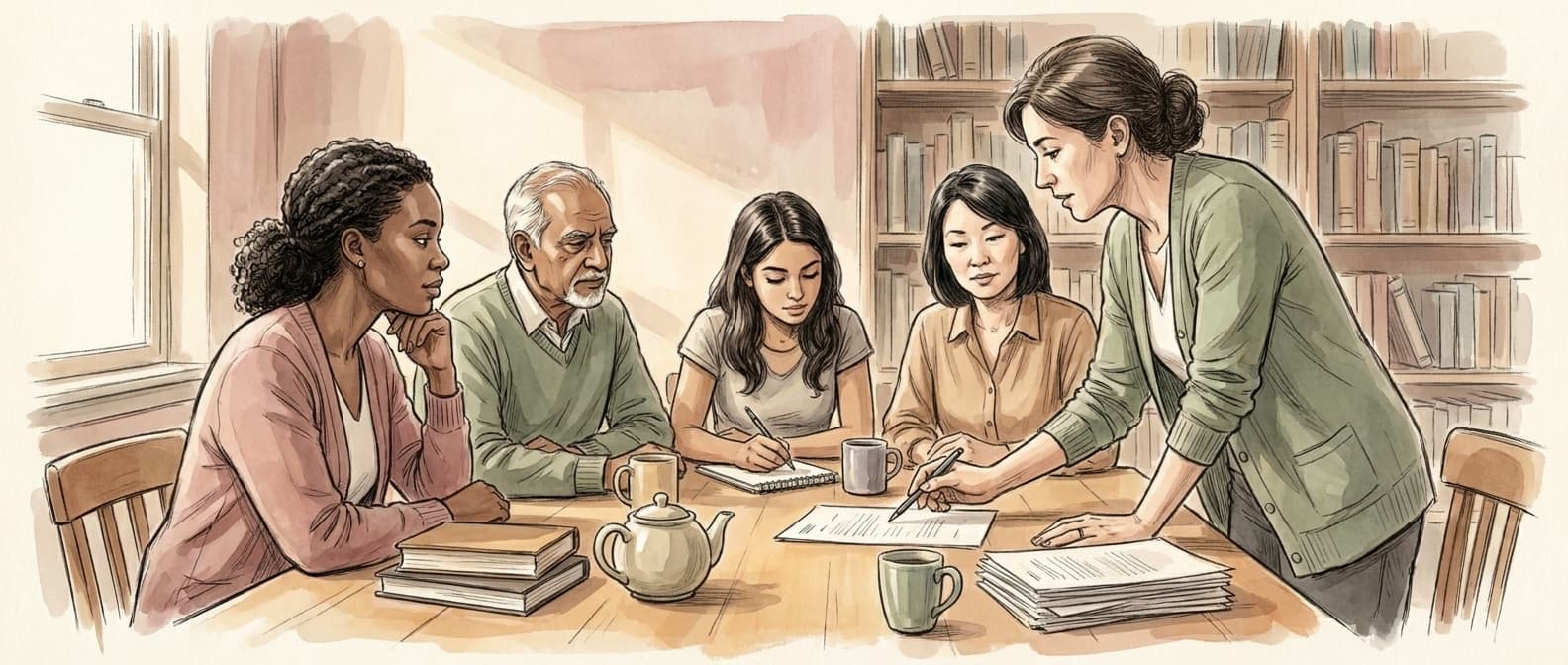 Five diverse adults sit around a wooden table in a sunlit community-centre library while a community legal worker leans in to point at a document — books, papers, and tea between them.